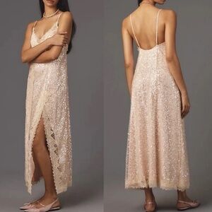 En Elly Anthropologie Pink Sequin MIDI Slip Dress New Medium Sleeveless V Neck